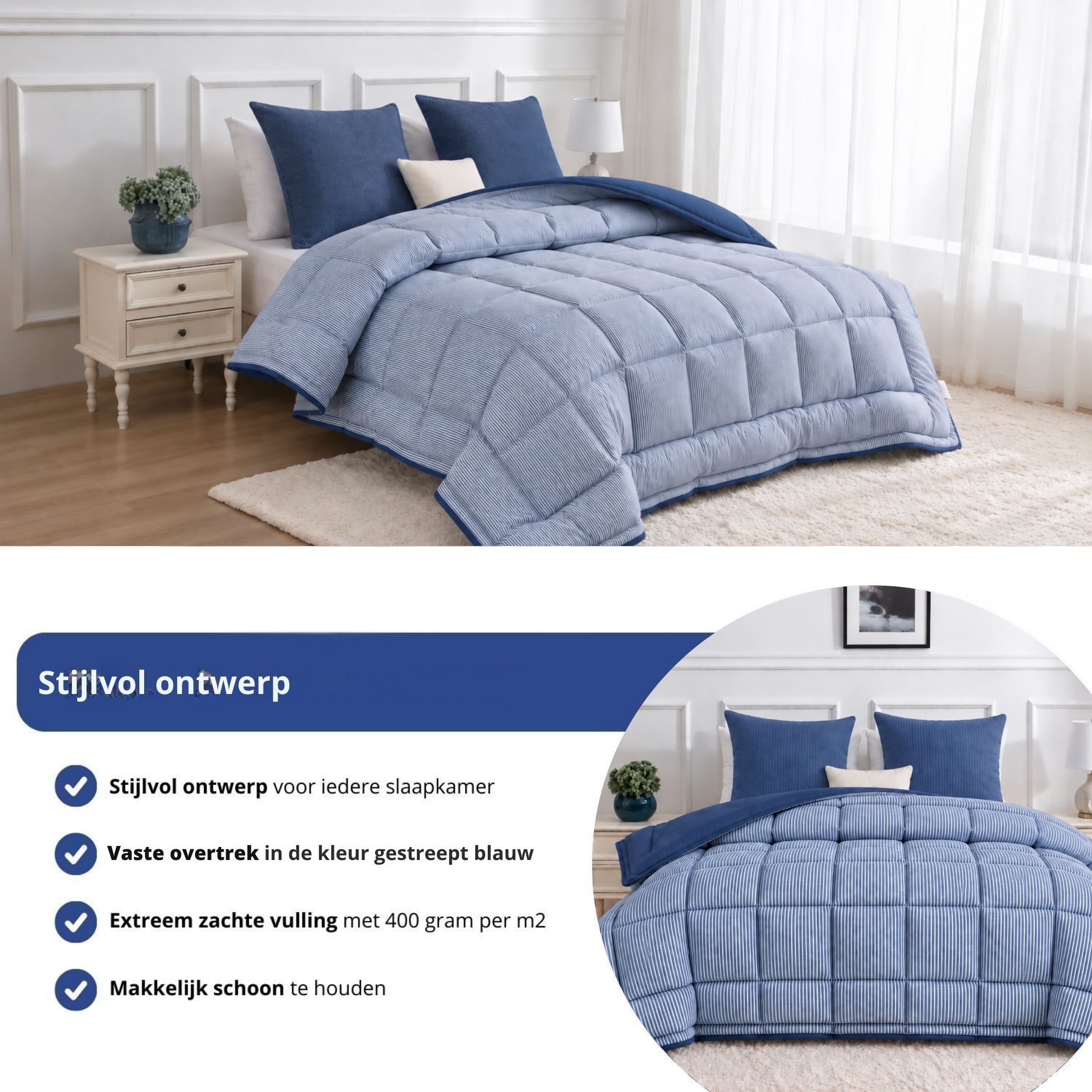 Wasbaar dekbed blauw gestreept