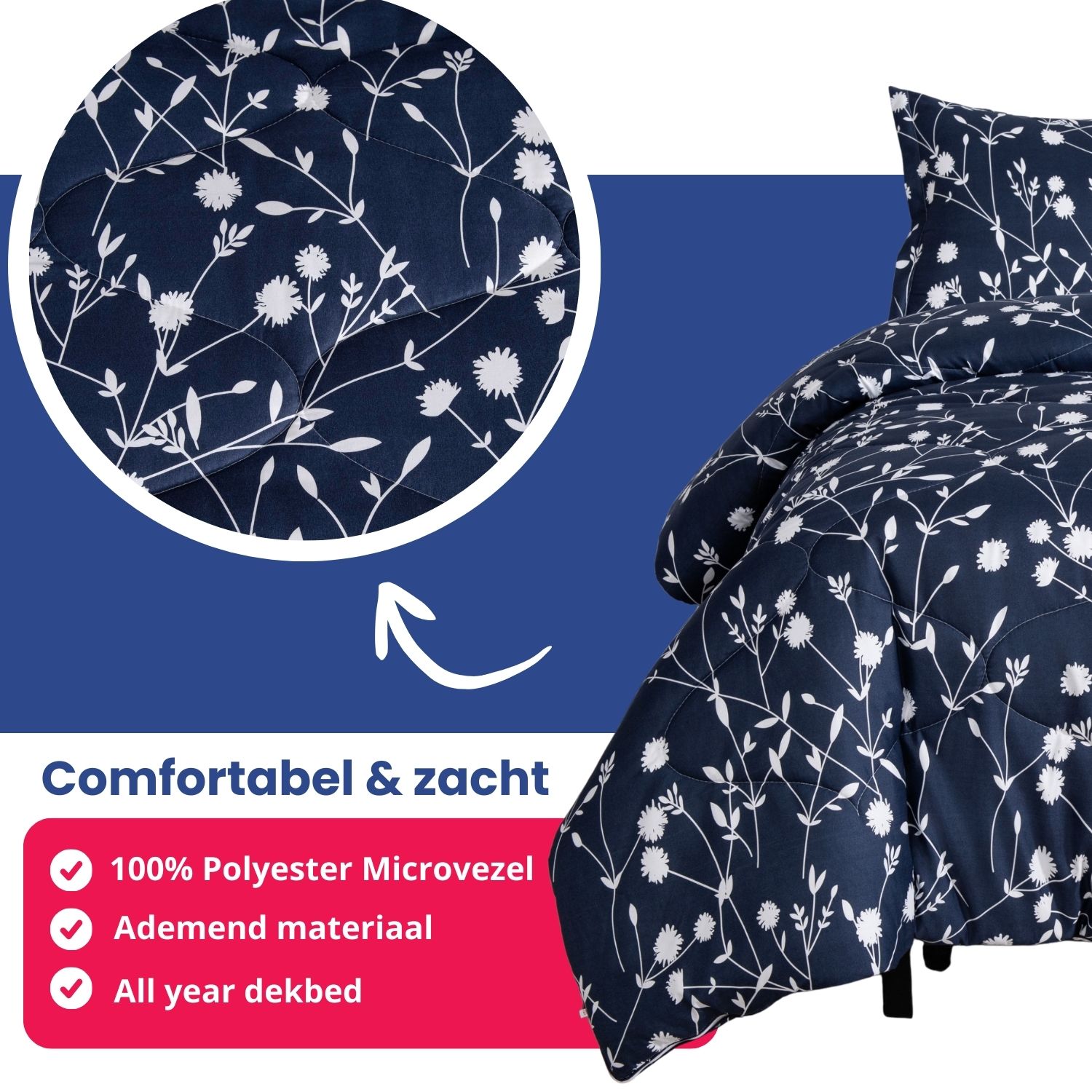 Close-up van het donkerblauwe Mila dekbed met wit bloemendessin en ademend microvezel materiaal.