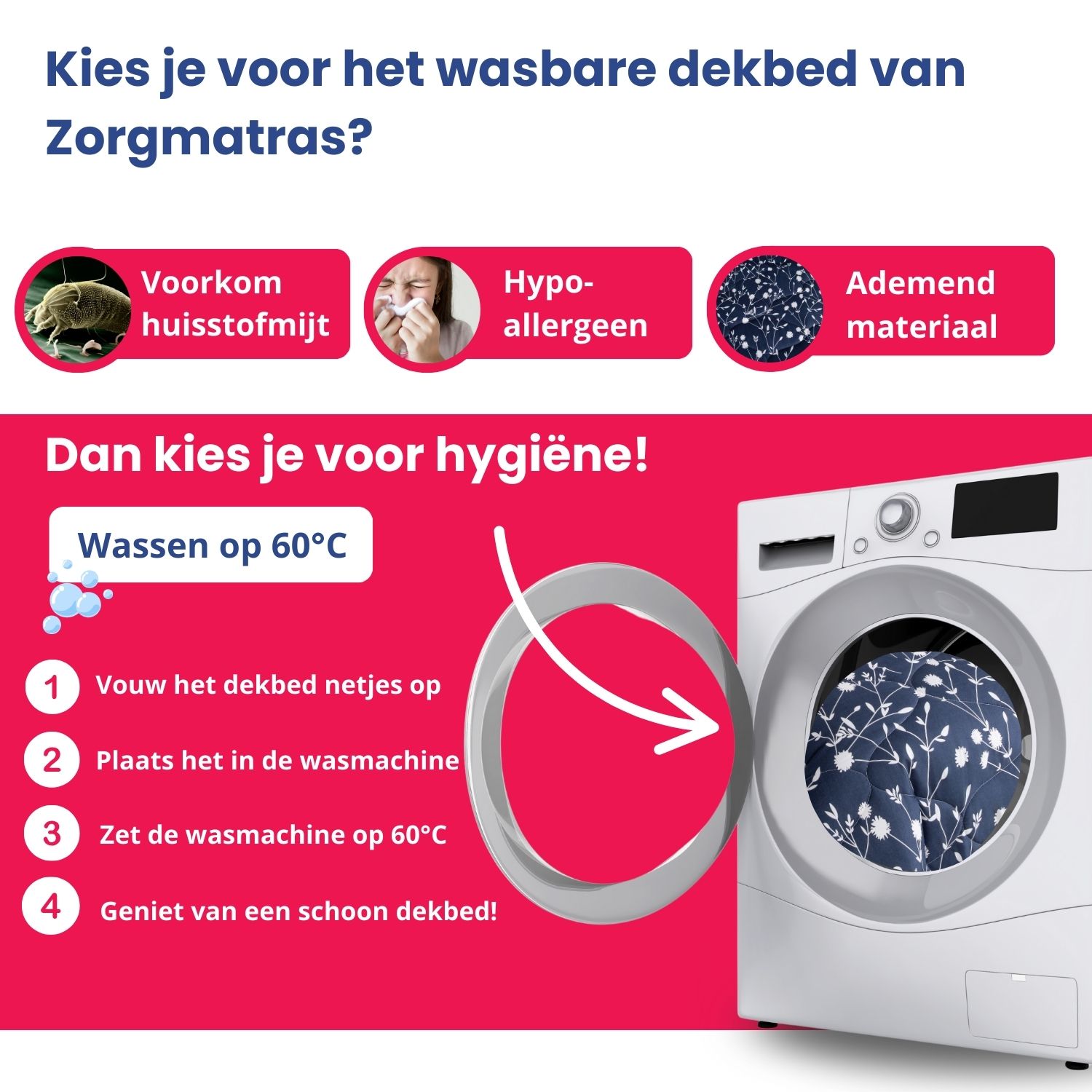 Wasbaar dekbed Mila dat op 60 graden in de wasmachine kan voor optimale hygiëne.