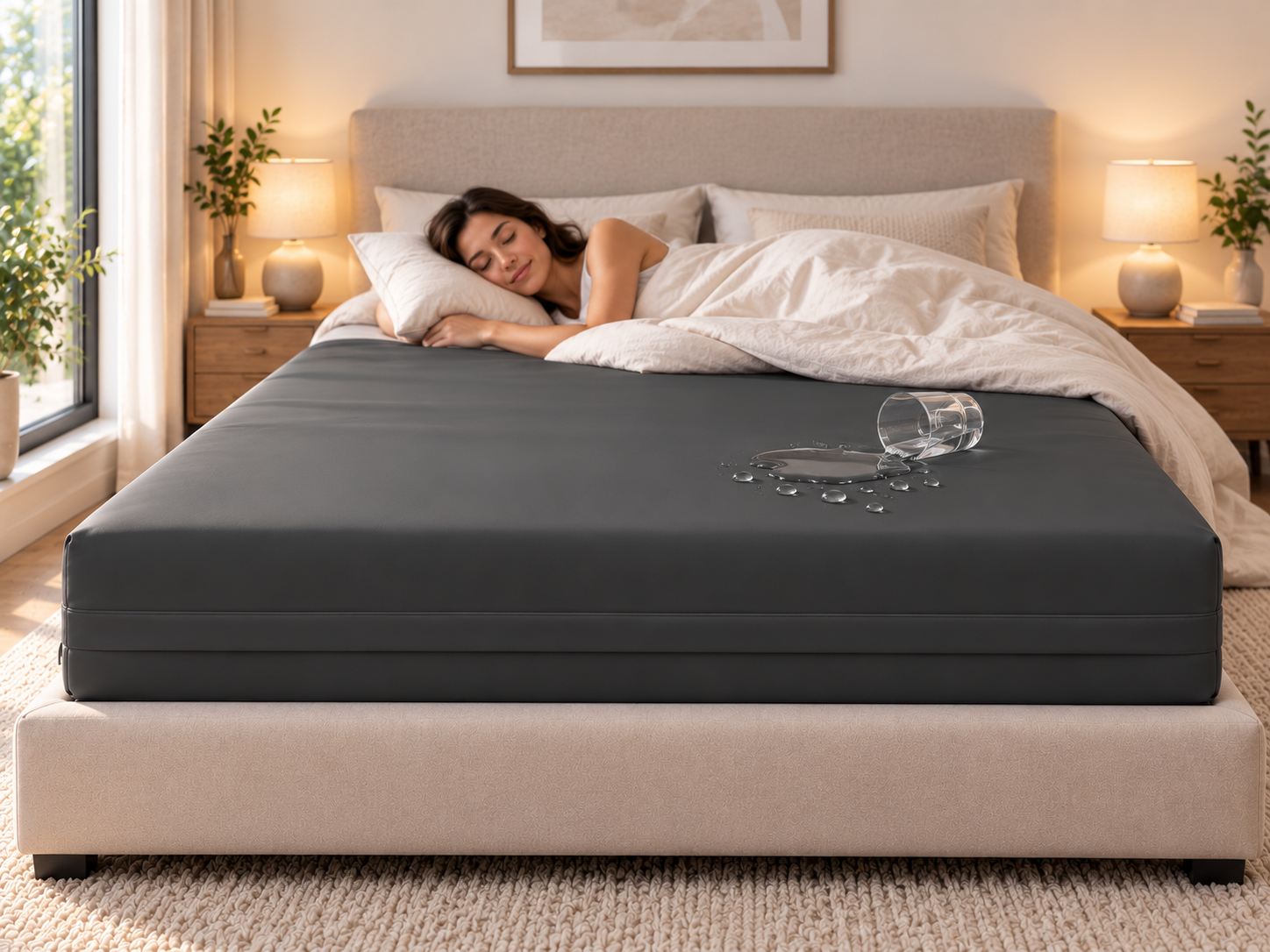 Waterdichte matras in slaapkamer met beschermende hoes