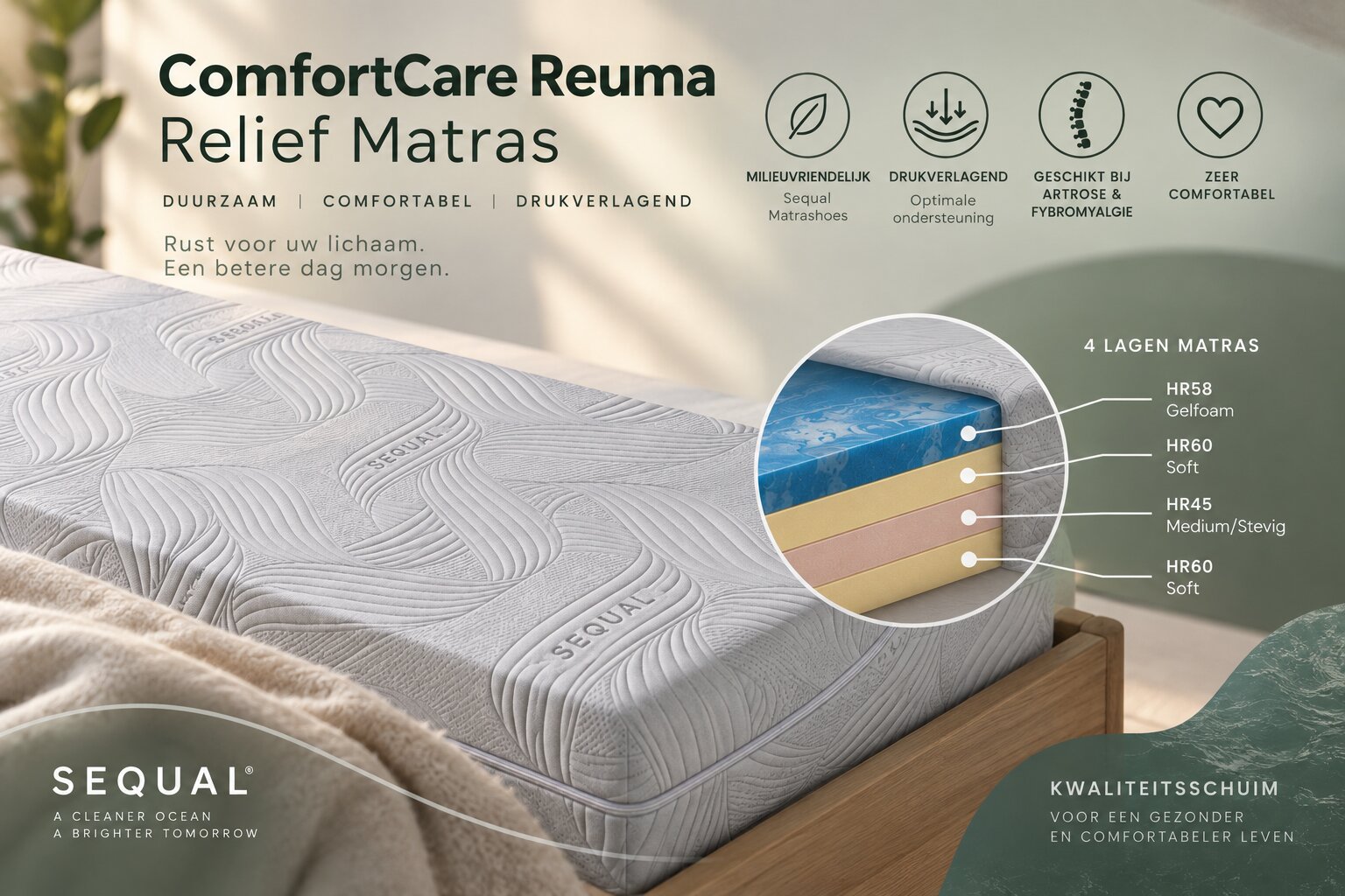 ComfortCare Reuma Relief matras met drukverlagende 4-laagse opbouw en Sequal matrashoes